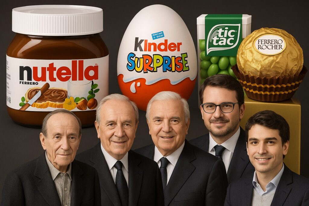 A imagem mostra uma montagem de membros da familia Ferrero com os principais produtos criados pela família: Nutella, Kinder Ovo, Tic Tac e Ferrero Rocher.